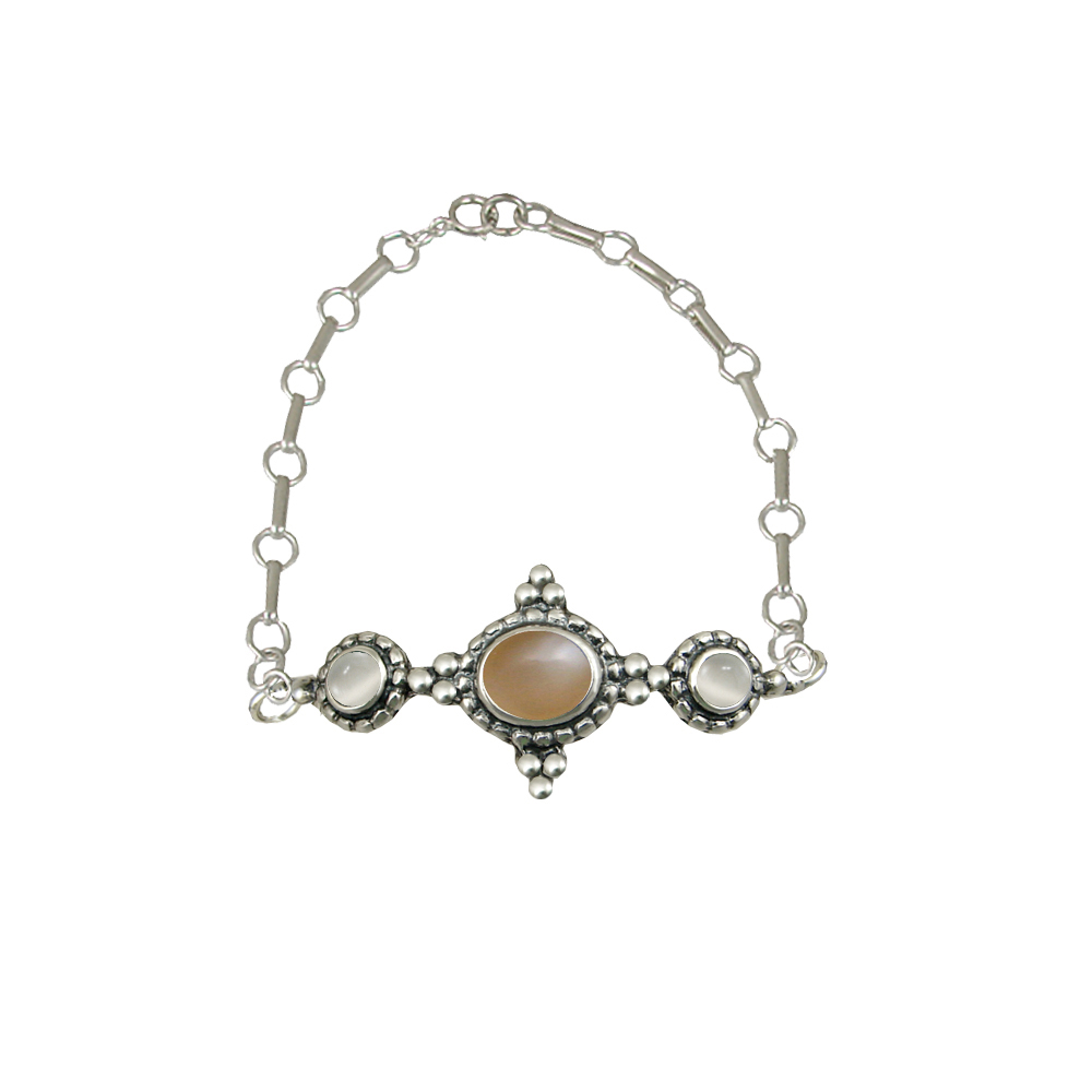Sterling Silver Gemstone Adjustable Chain Bracelet With Peach Moonstone And White Moonstone
